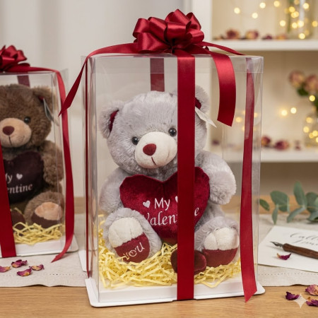 Teddy Bear with Artificial Flowers in Box