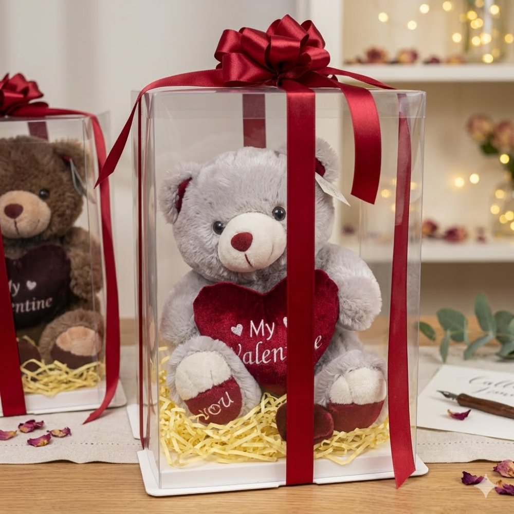 Grey teddy bear Valentine gift box
