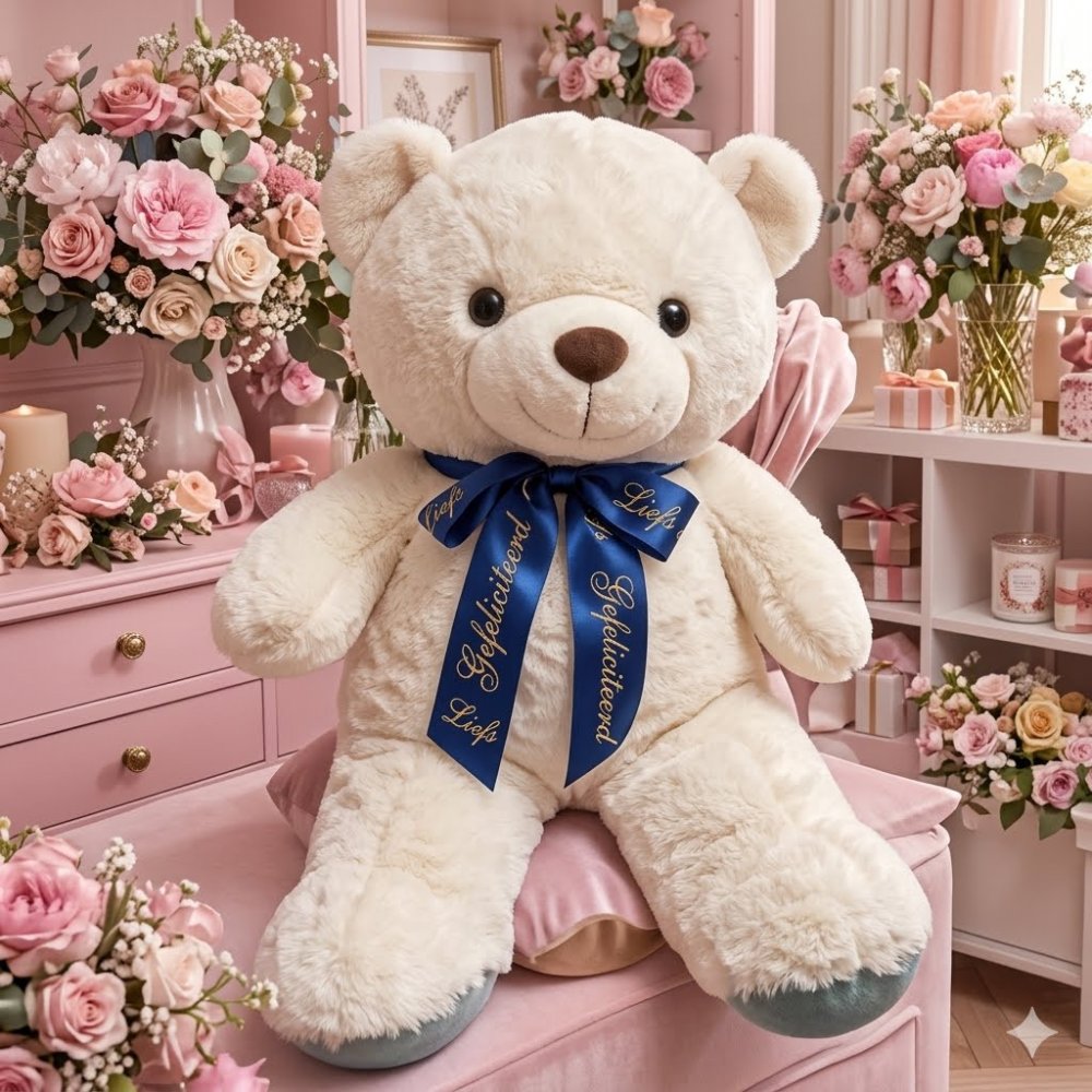 Cream plush bear navy ribbon