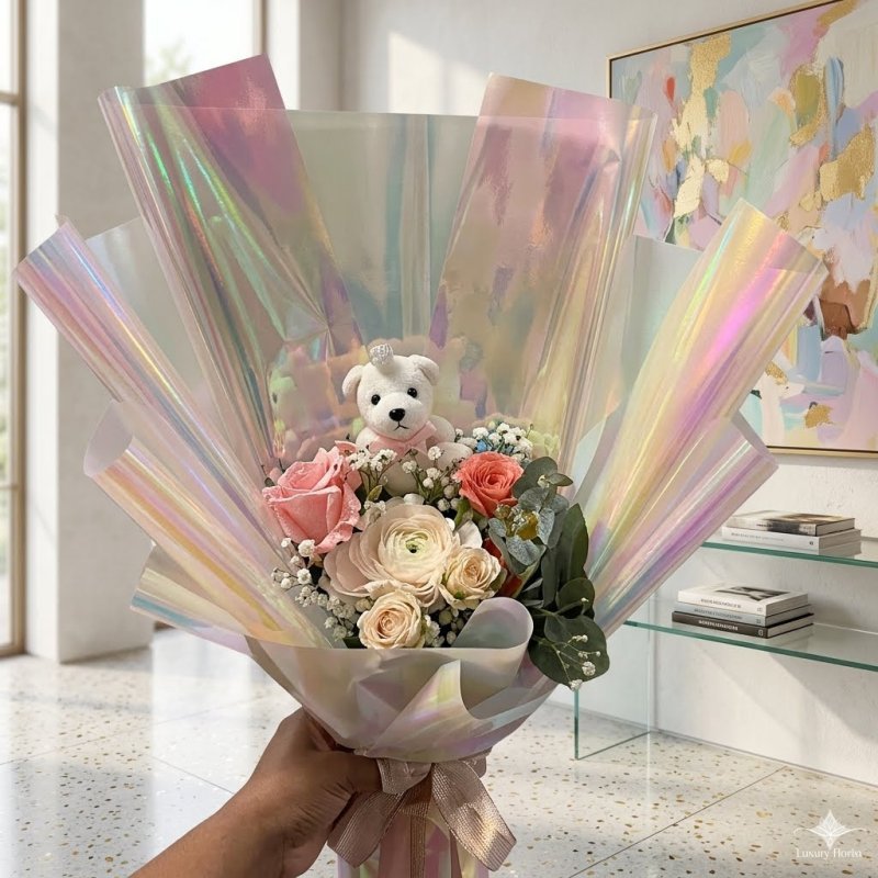 Luxe bloemenboeket met teddybeer