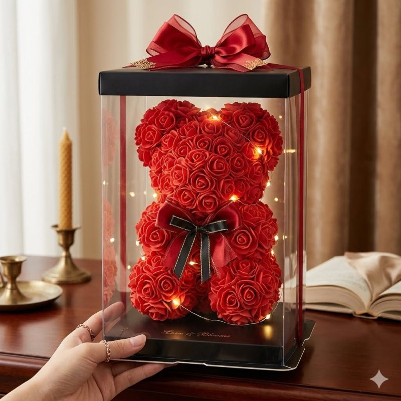 Custodia a forma di orsetto di rose rosse a LED