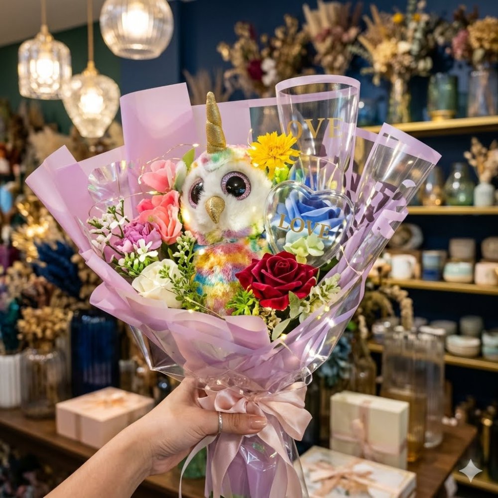 Rainbow owl unicorn floral bouquet