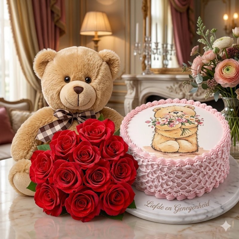 Teddy bear, red roses, cake