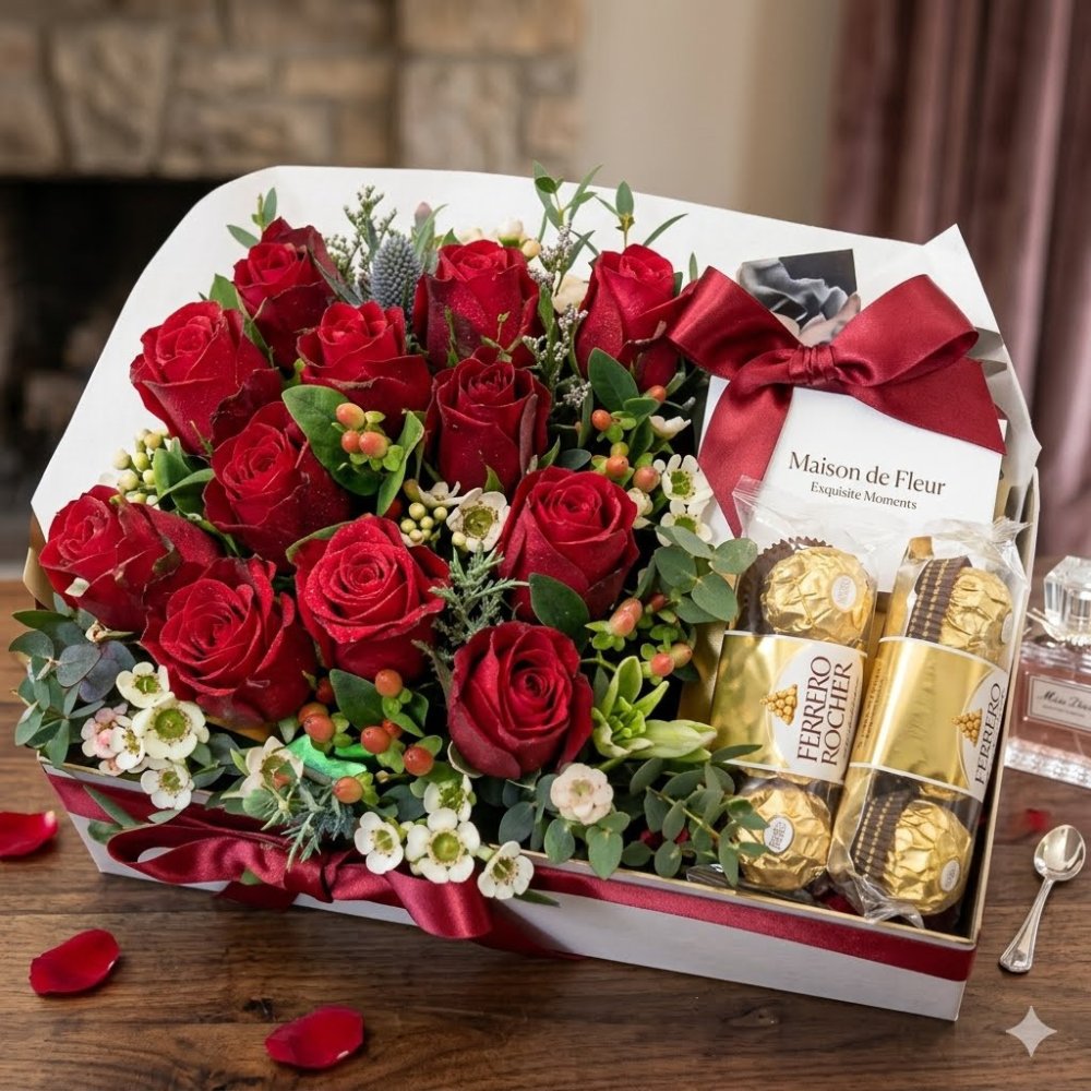 Caja de regalo de rosas rojas y chocolate