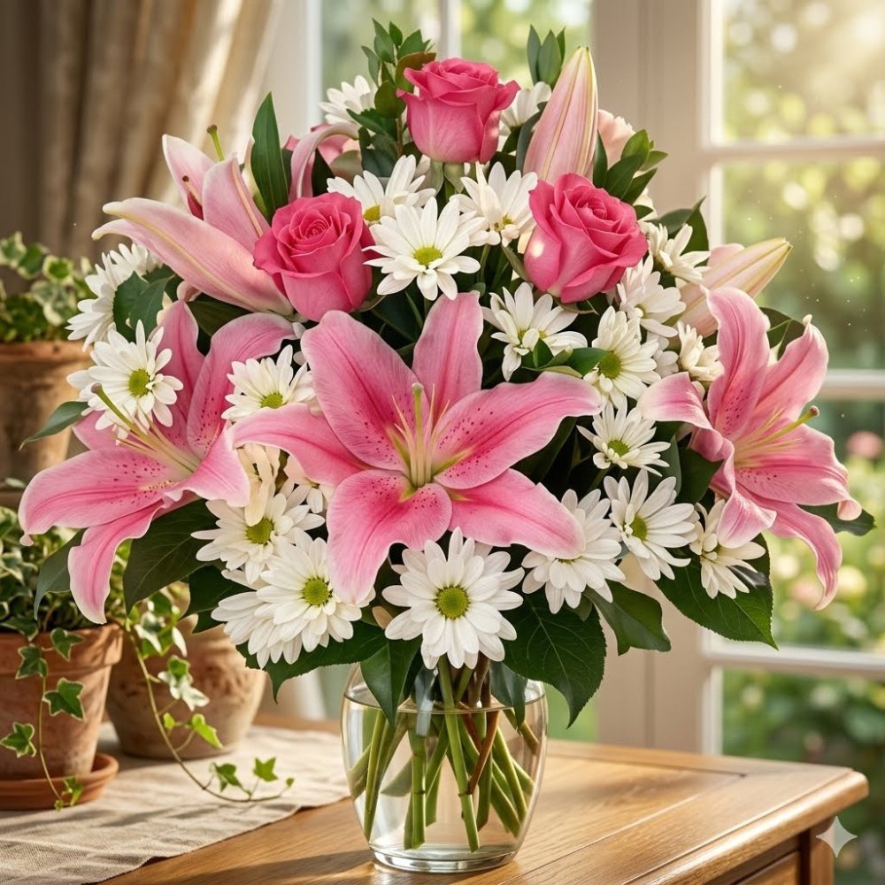 Pink lilies and roses bouquet