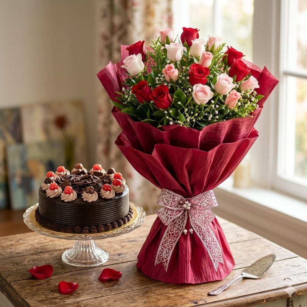 Bouquet de roses et gâteau au chocolat