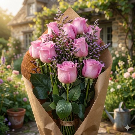 Pink roses bouquet kraft paper