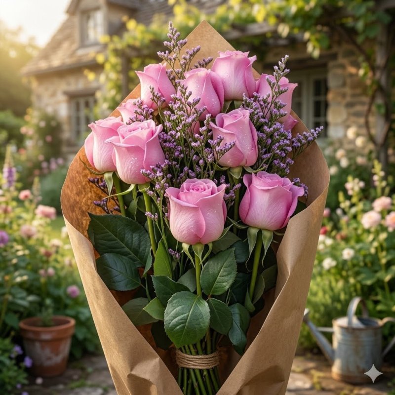 Pink roses bouquet kraft paper