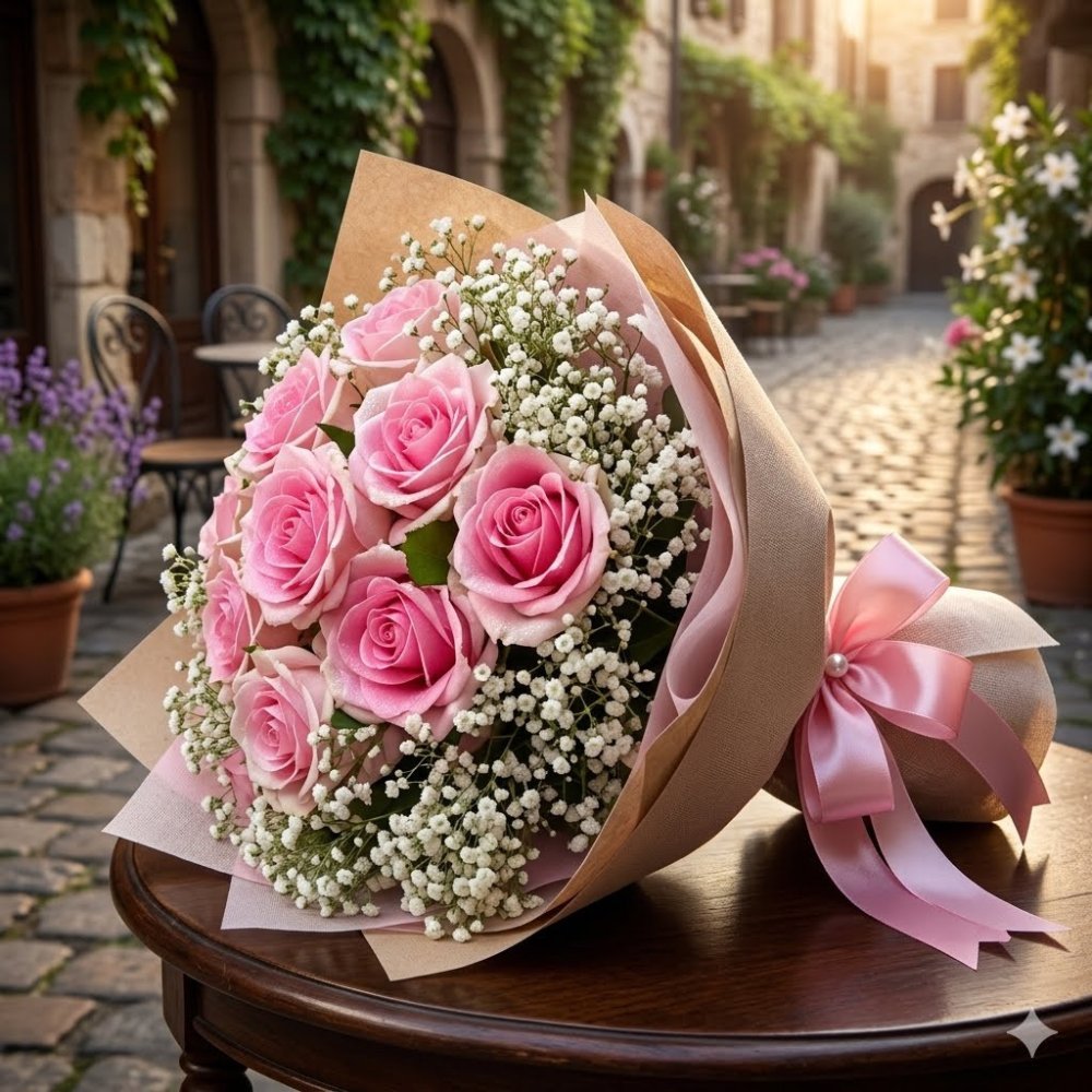 Pink roses and baby's breath