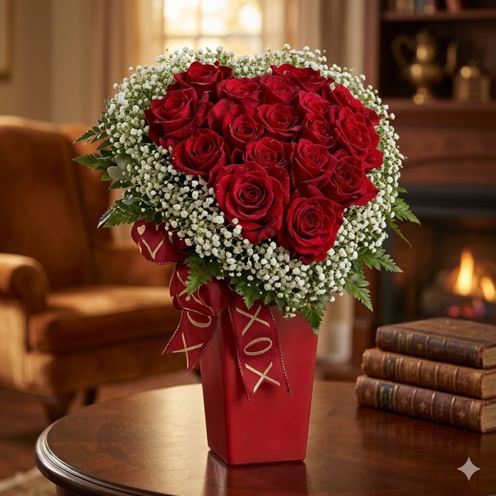 Heart-shaped red rose flower arrangement