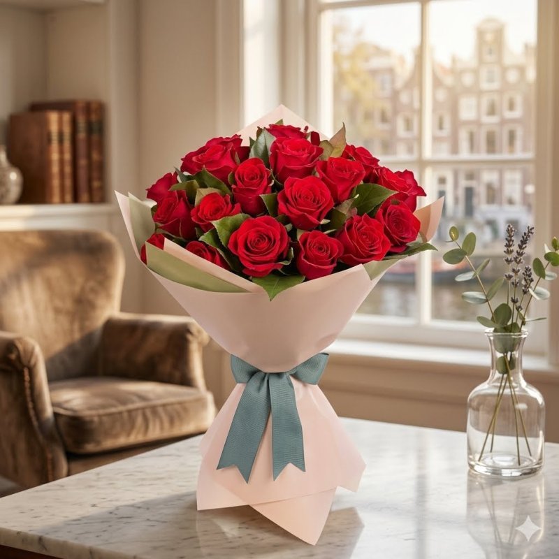Tolv röda rosor blomsterbukett