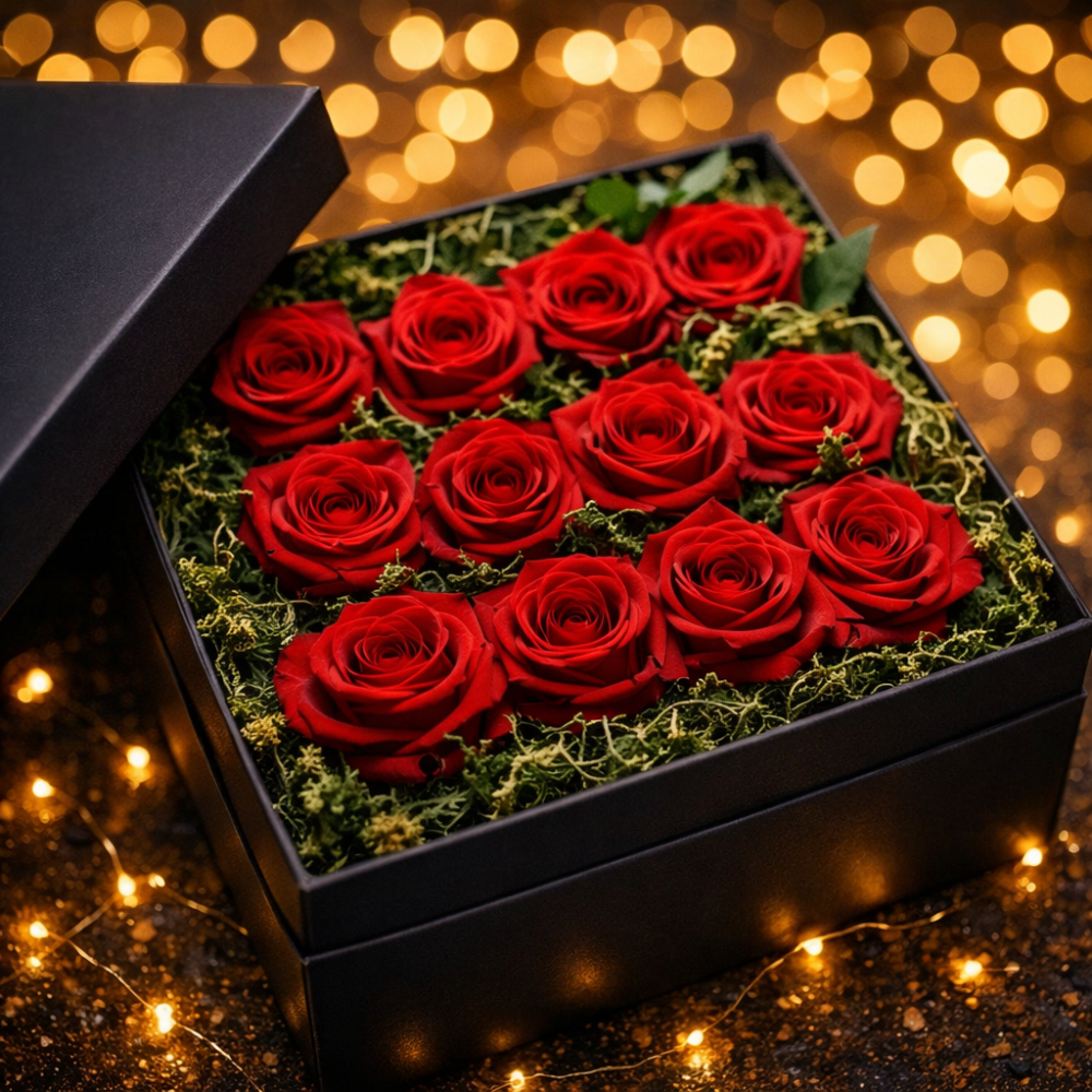 Red roses in black box