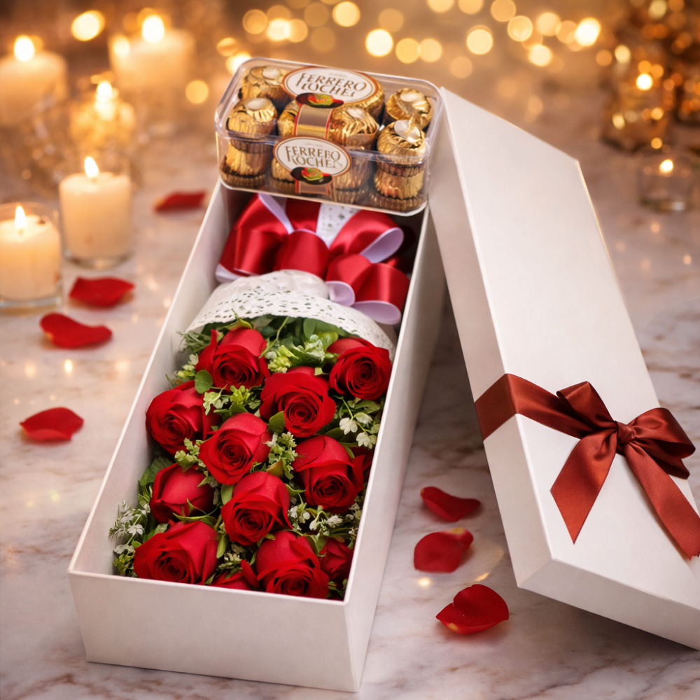 Red roses and chocolates gift box