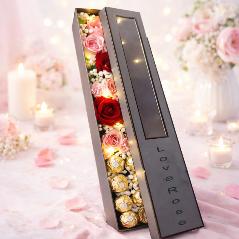 Beleuchtete Rose in Box und Schokoladen-Geschenkset