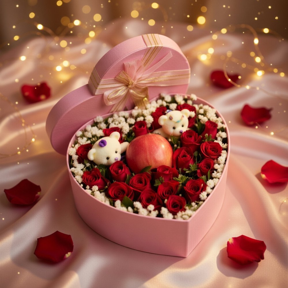 Heart box red roses bears