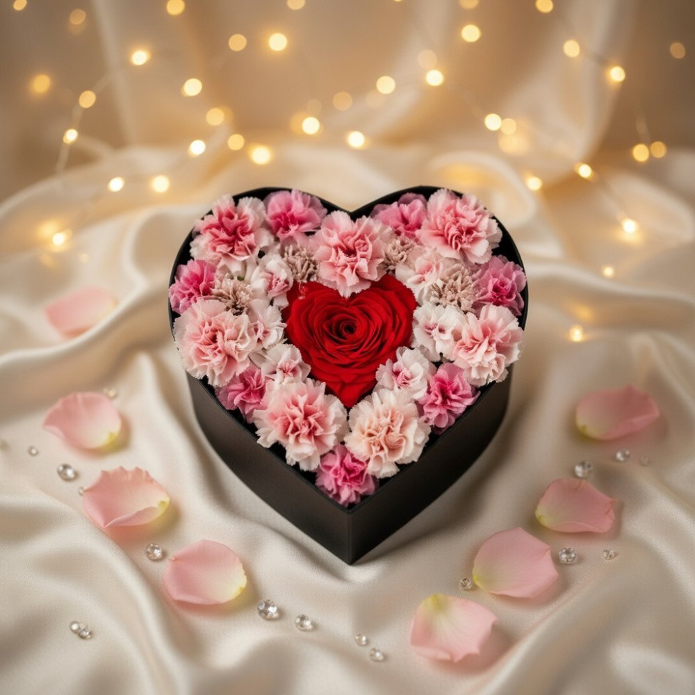 Heart-shaped red rose carnation box