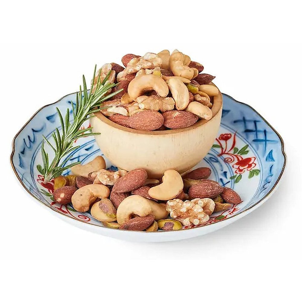 Mixed nuts in wooden bowl