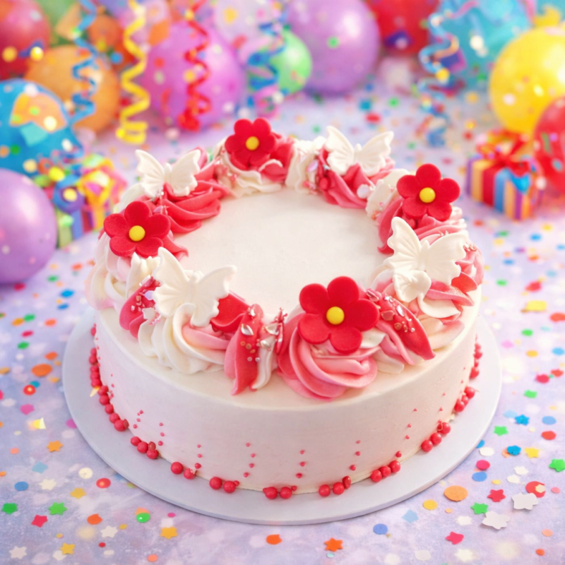 Torta bianca con decorazioni floreali rosse