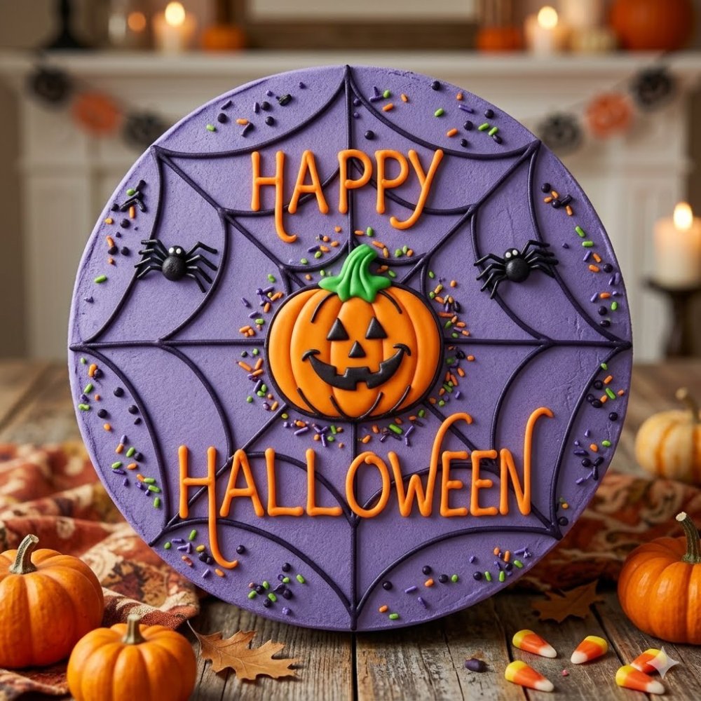 Purple Halloween cake with pumpkin
