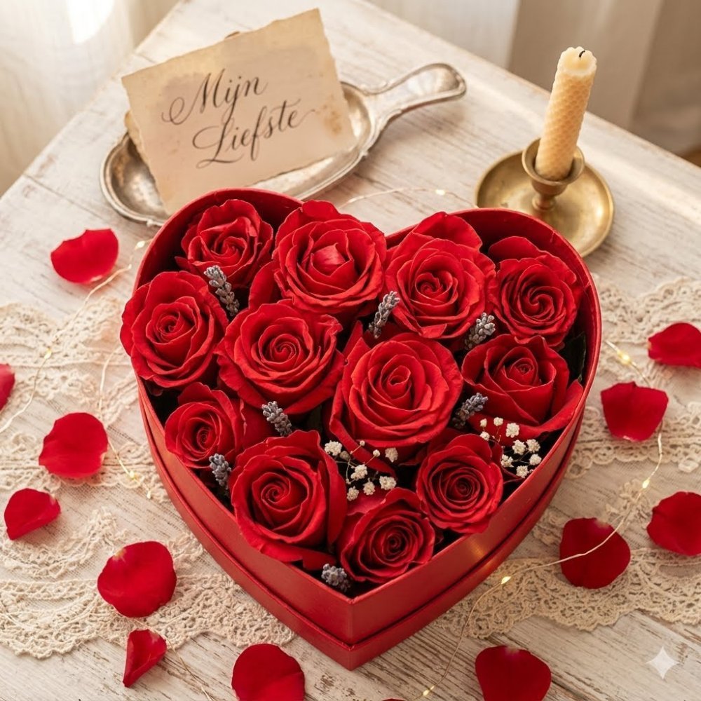 Heart-shaped red rose gift box