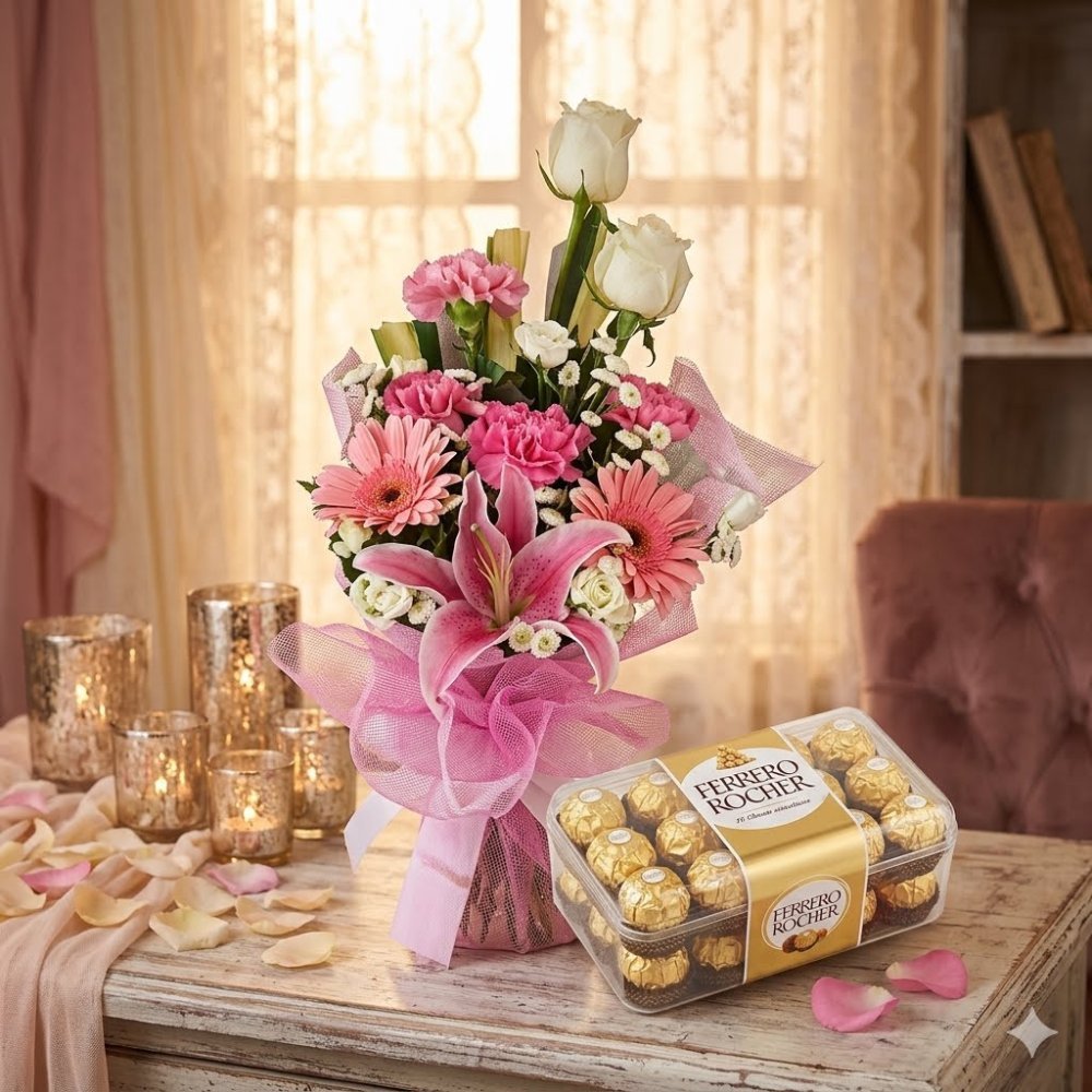 Rosa blomster og Ferrero Rocher