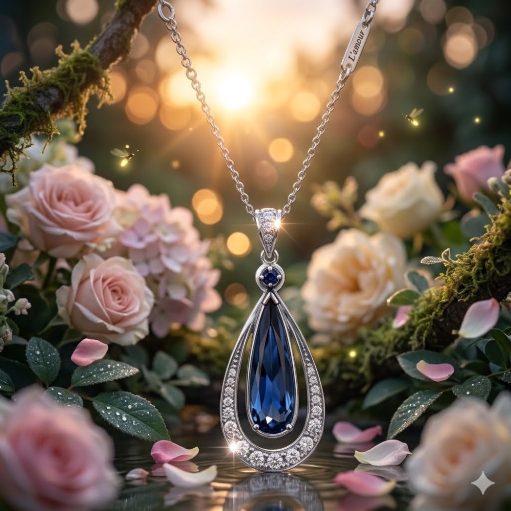 Blauwe peer edelsteen halo ketting