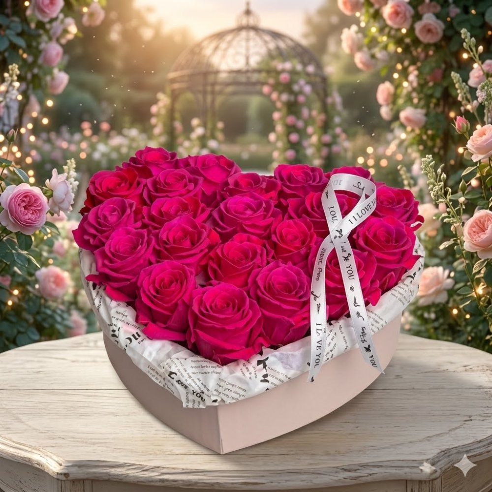 Heart-shaped magenta rose gift box