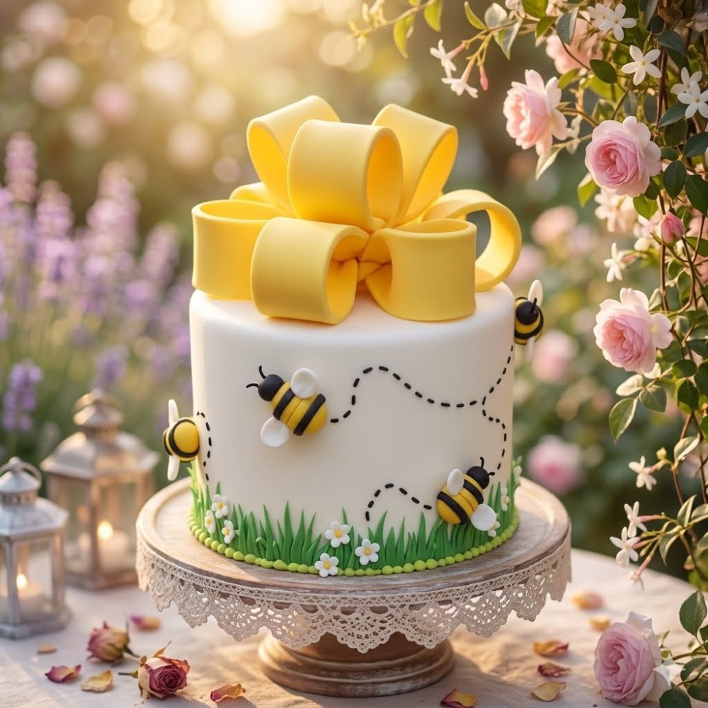 White bee cake yellow bow