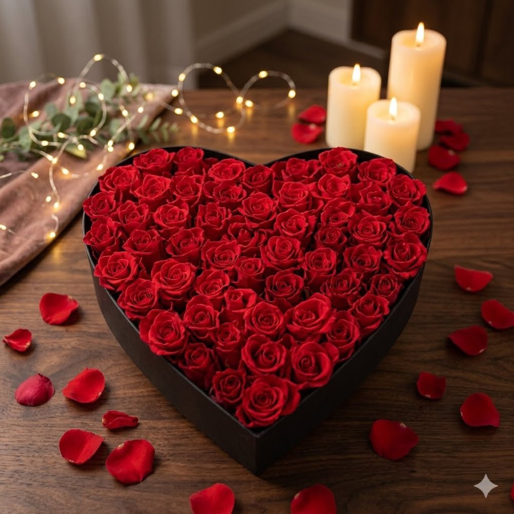 Heart-shaped black box red roses