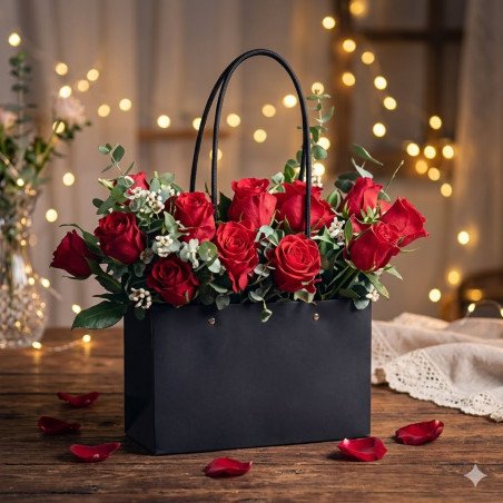 Rose rosse in sacchetto regalo nero