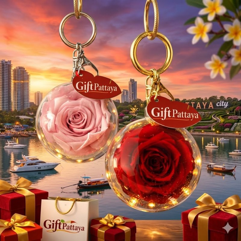 Chaveiros con amuleto de corazón de rosa preservada