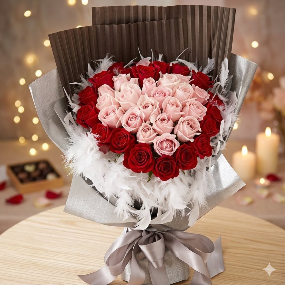 Heart shaped red pink roses