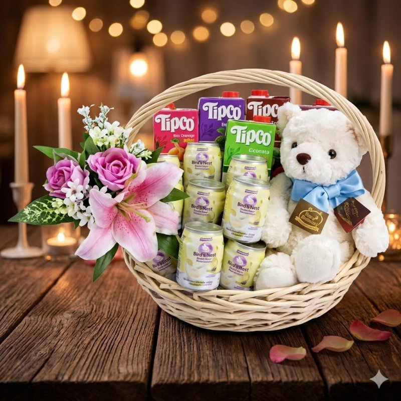 Panier cadeau bien-être avec ours en peluche