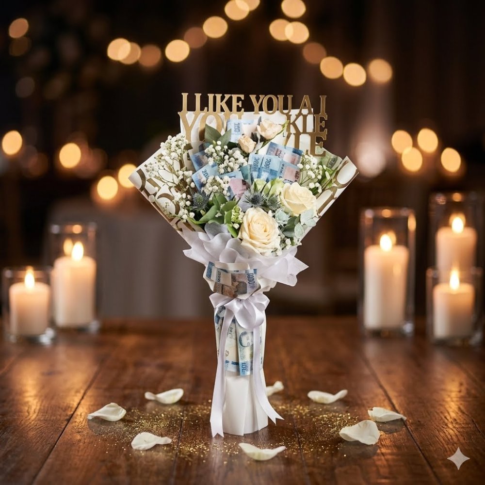 Luxury money and white rose bouquet