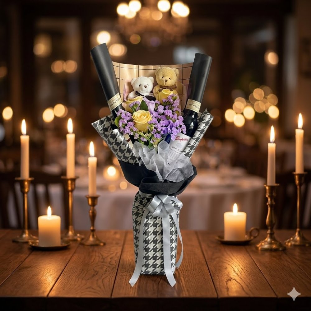 Luxury wine and rose bouquet