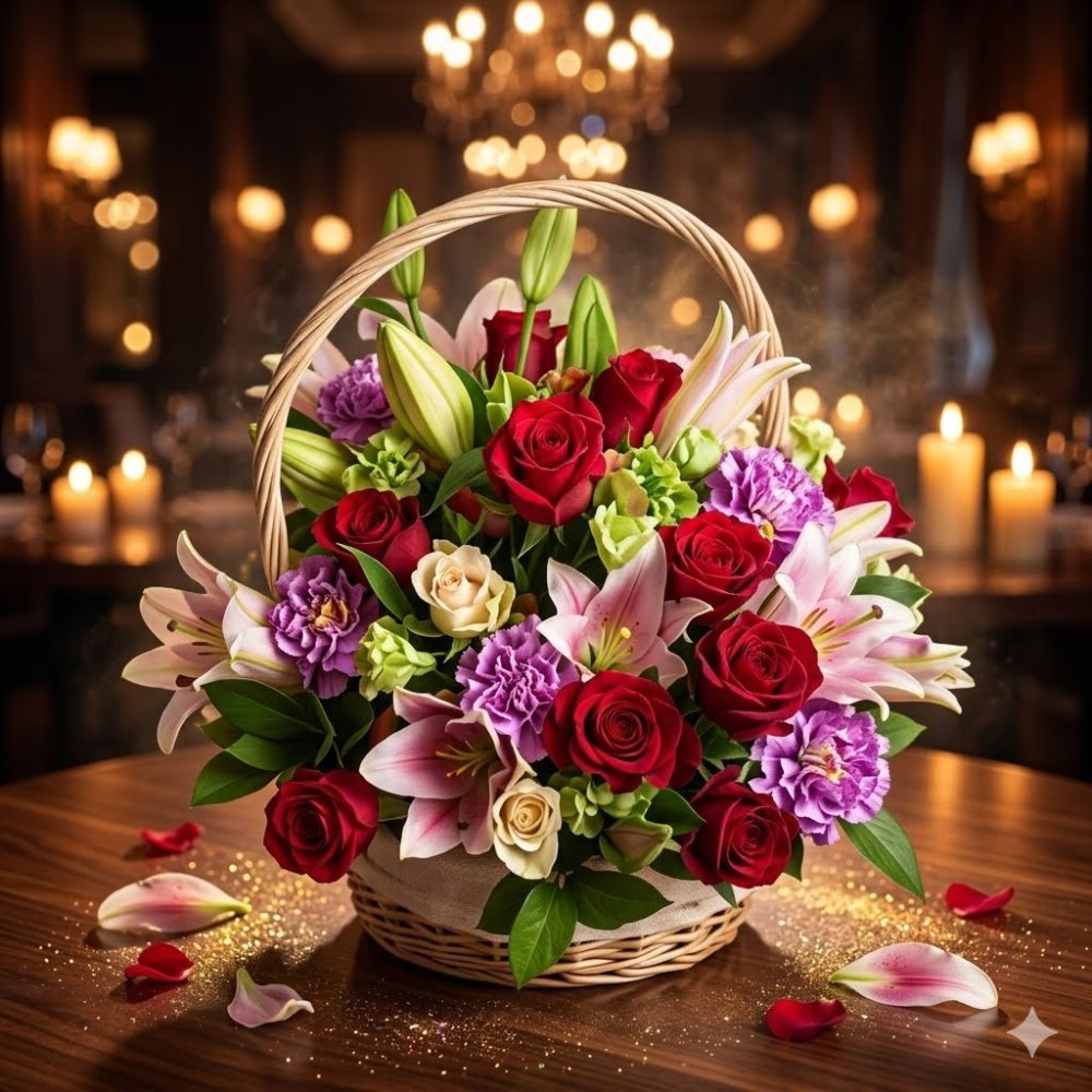 Cesta de mimbre de flores mixtas de lujo