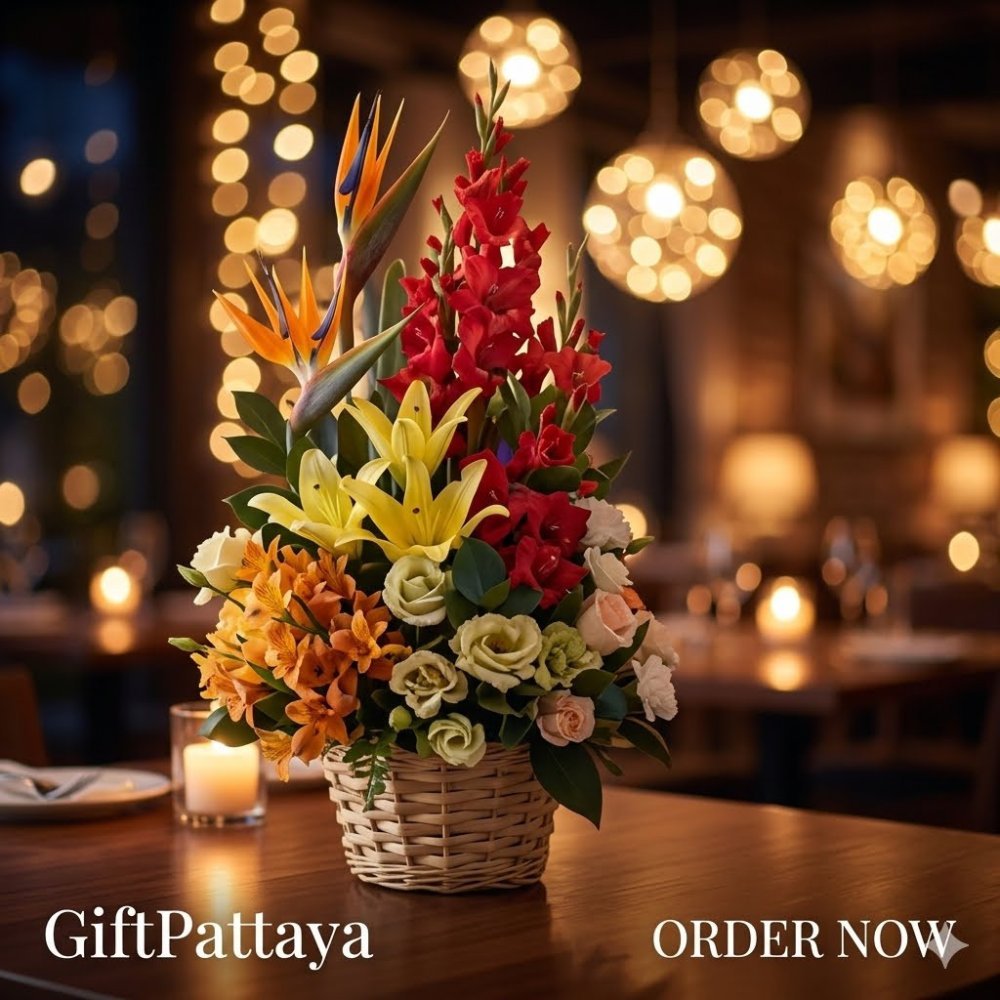 Tropical mixed floral wicker basket
