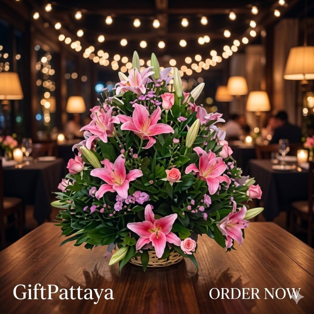 Pink lily and rose basket