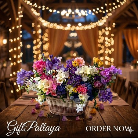 Panier en osier de fleurs artificielles colorées