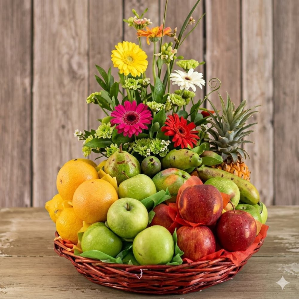 Fruit basket with colorful flowers