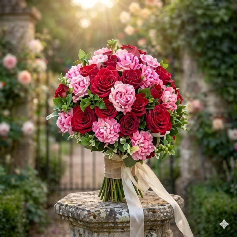 Red and pink bridal bouquet