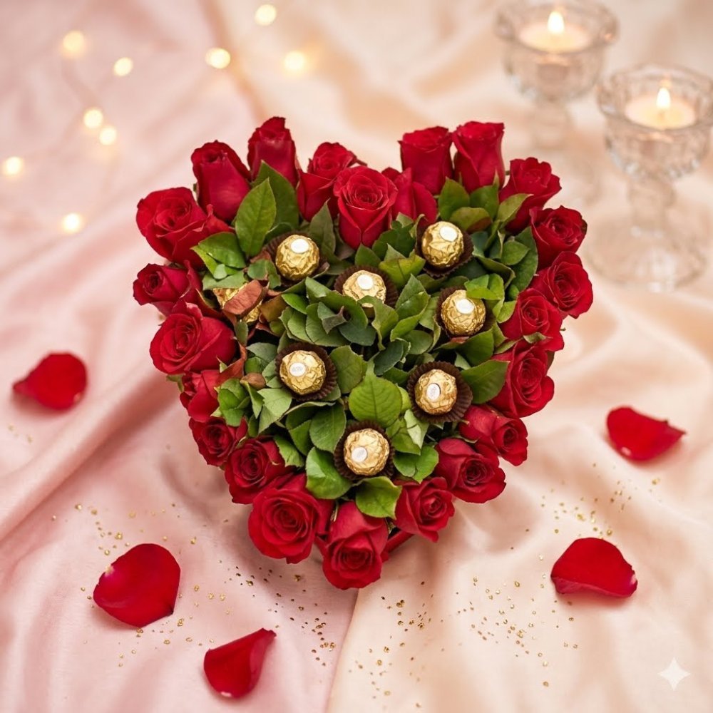 Heart shaped red rose chocolate bouquet