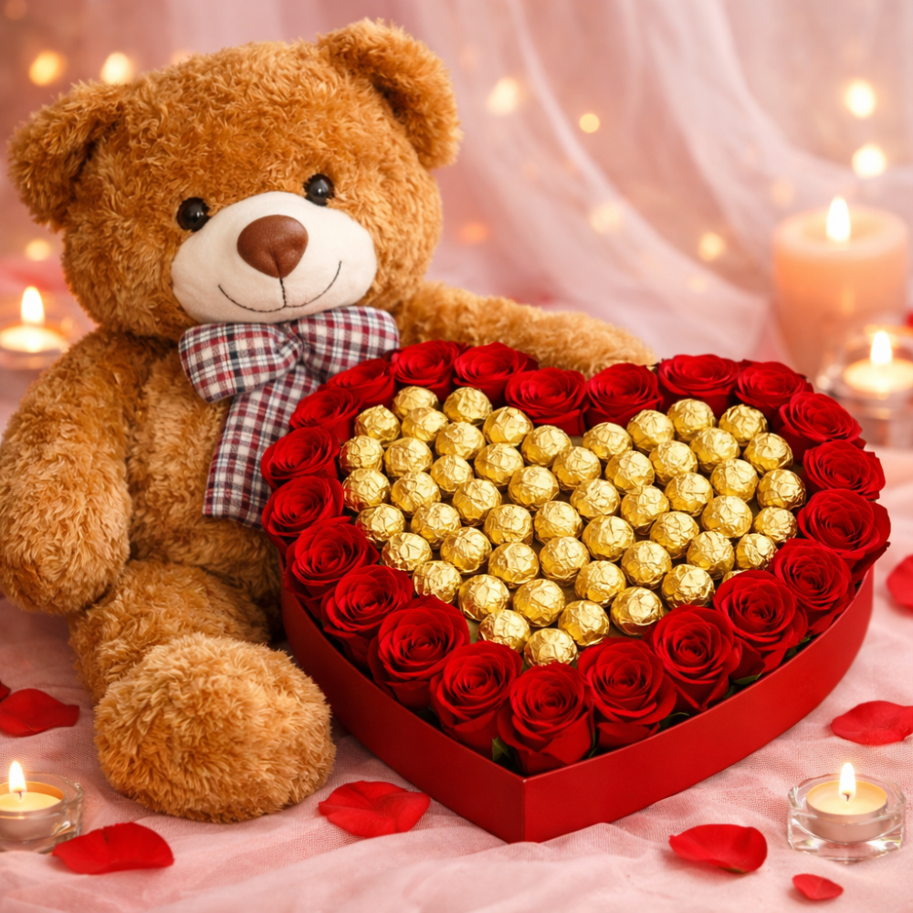 Teddy bear with chocolate rose box