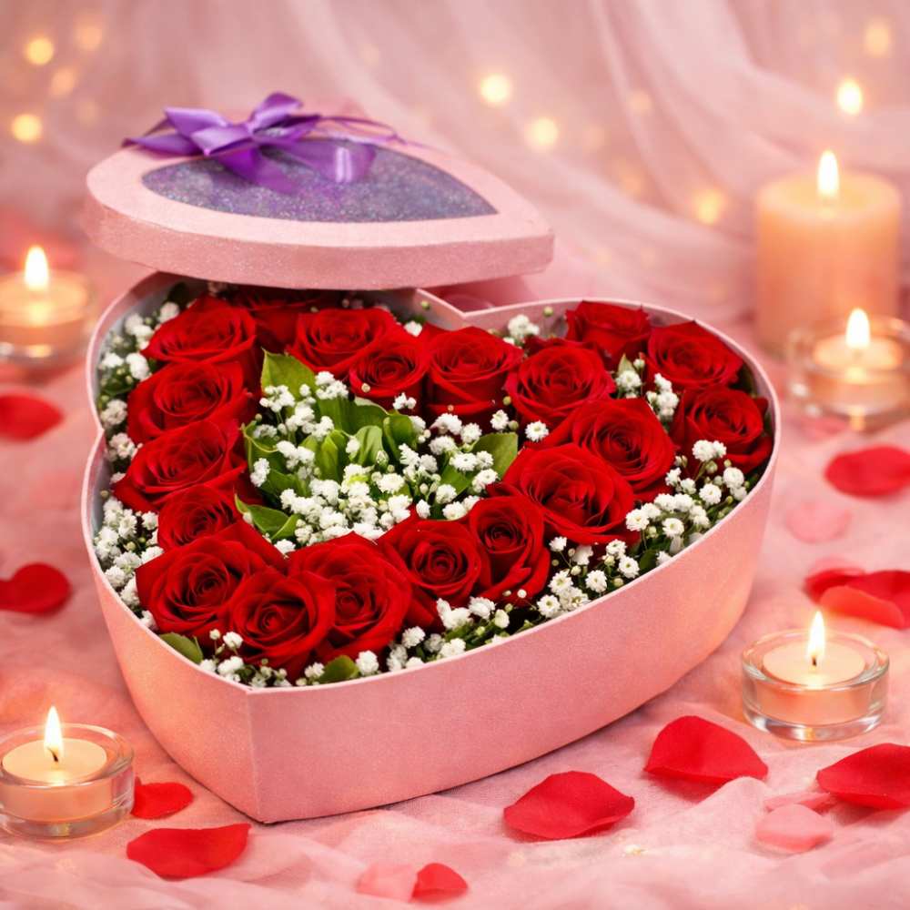 Red roses heart shaped gift box