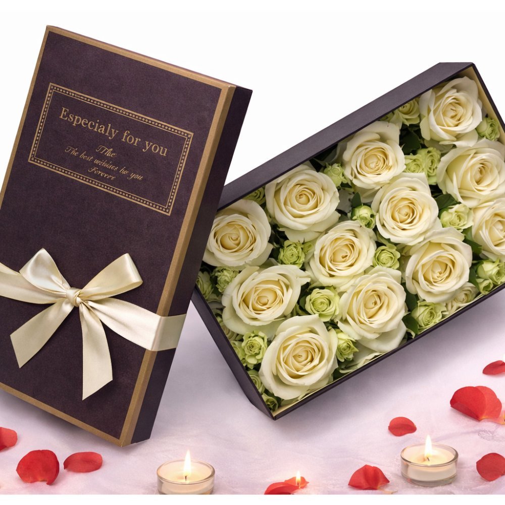 Cream roses in brown luxury box