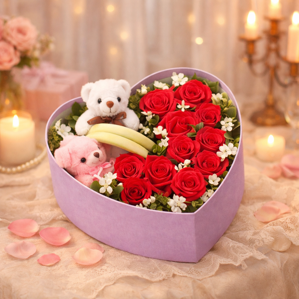 Heart-shaped rose and teddy gift