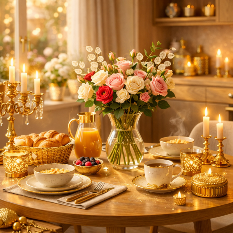 Mixed roses bouquet breakfast table