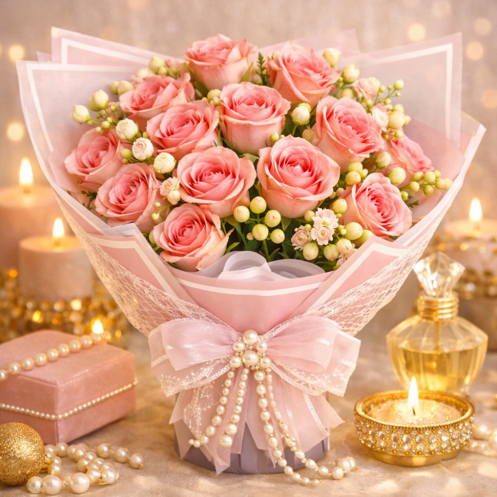 Luxury pink roses pearl bouquet