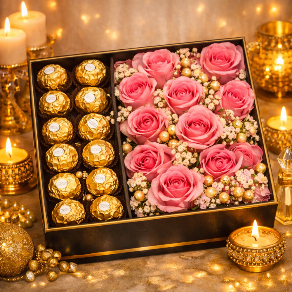pink full roses with chocolate in box