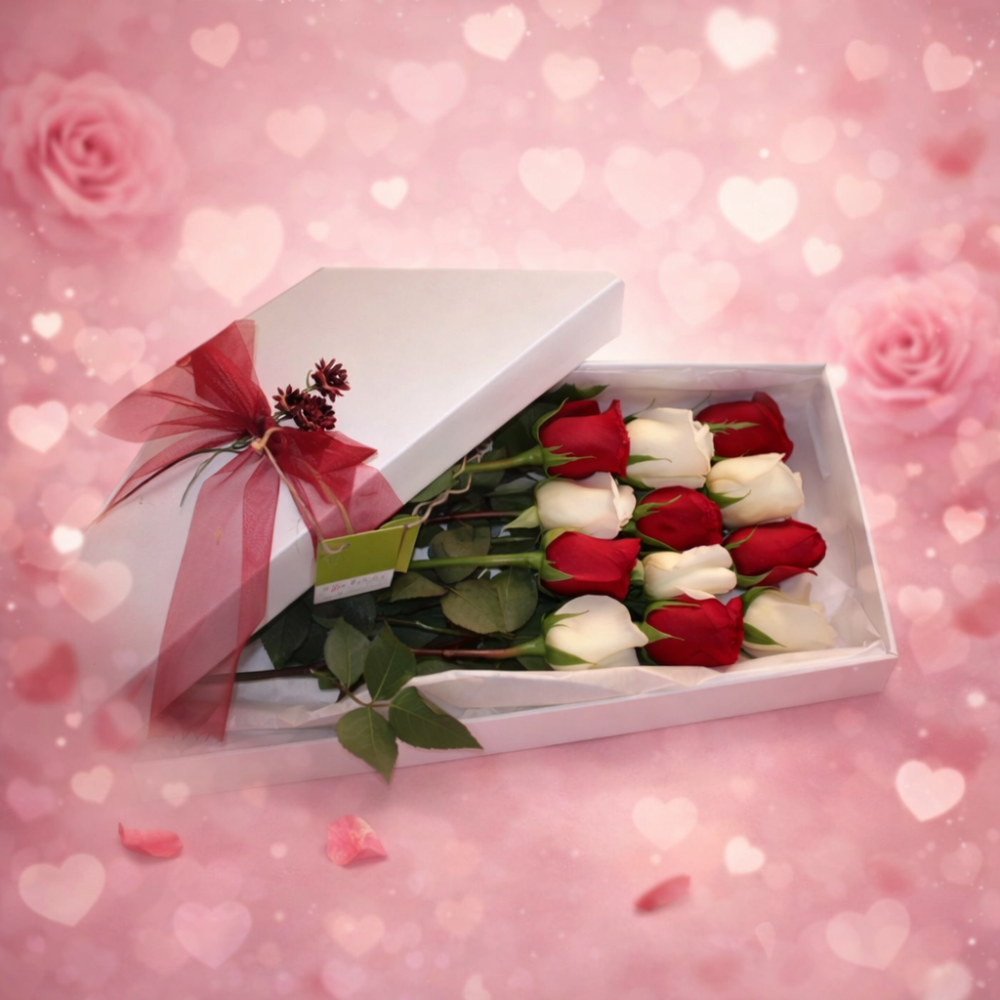 Red and white roses flower box